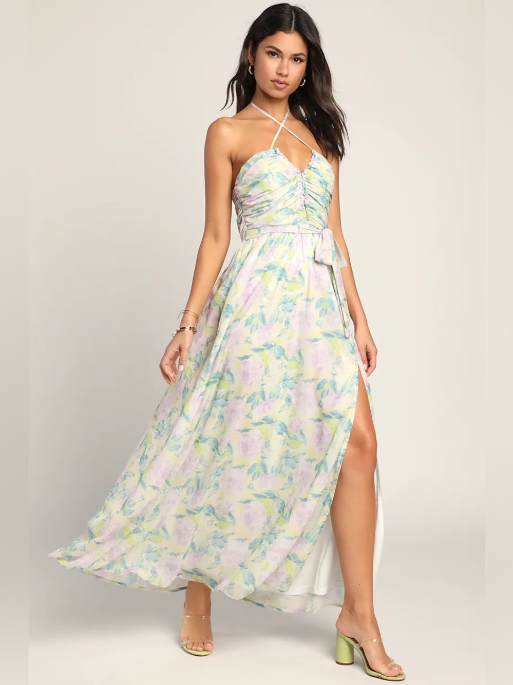 Lulus Effortlessly Abloom Green Multi Floral Ruched Halter Maxi Dress large - Picture 3 of 4